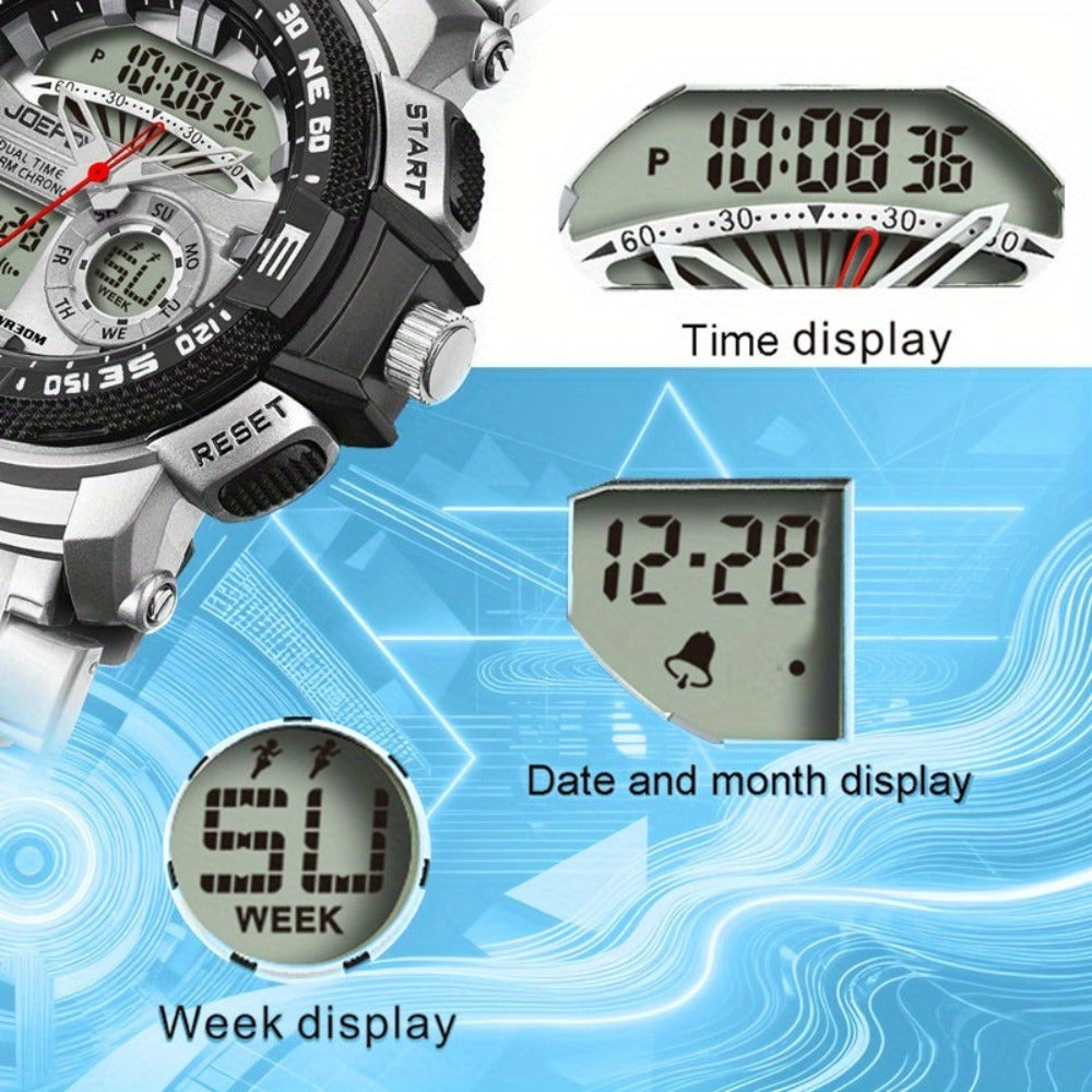 Reloj deportivo de lujo para hombre JOEFOX con doble pantalla - Esfera grande, luz nocturna LED, resistente al agua 3ATM, cronógrafo y alarma, reloj de pulsera estilo campo para hombre