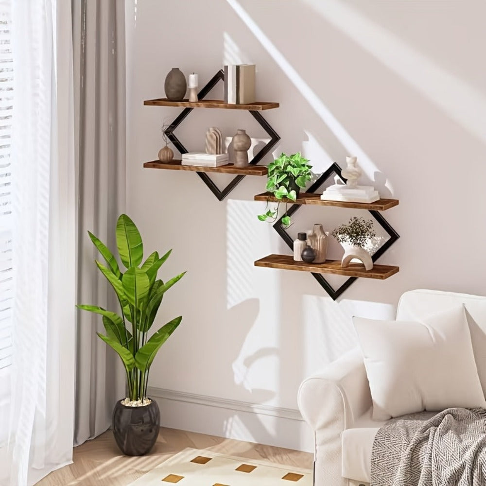 Juego de 2 Estantes de Madera Montados en la Pared - Estante de Almacenamiento Rústico Moderno de Doble Capa, Unidad de Estantería Vertical Ahorradora de Espacio Adecuada para Sala de Estar, Oficina, Dormitorio - Instalación, Madera