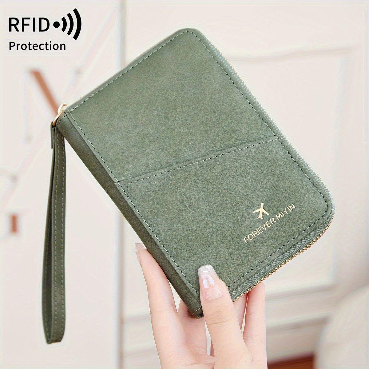 Portapassaporte RFID con cremallera y correa de muñeca, bolsa de almacenamiento multifuncional portátil para viajes, pasaporte y documentos, tarjetero