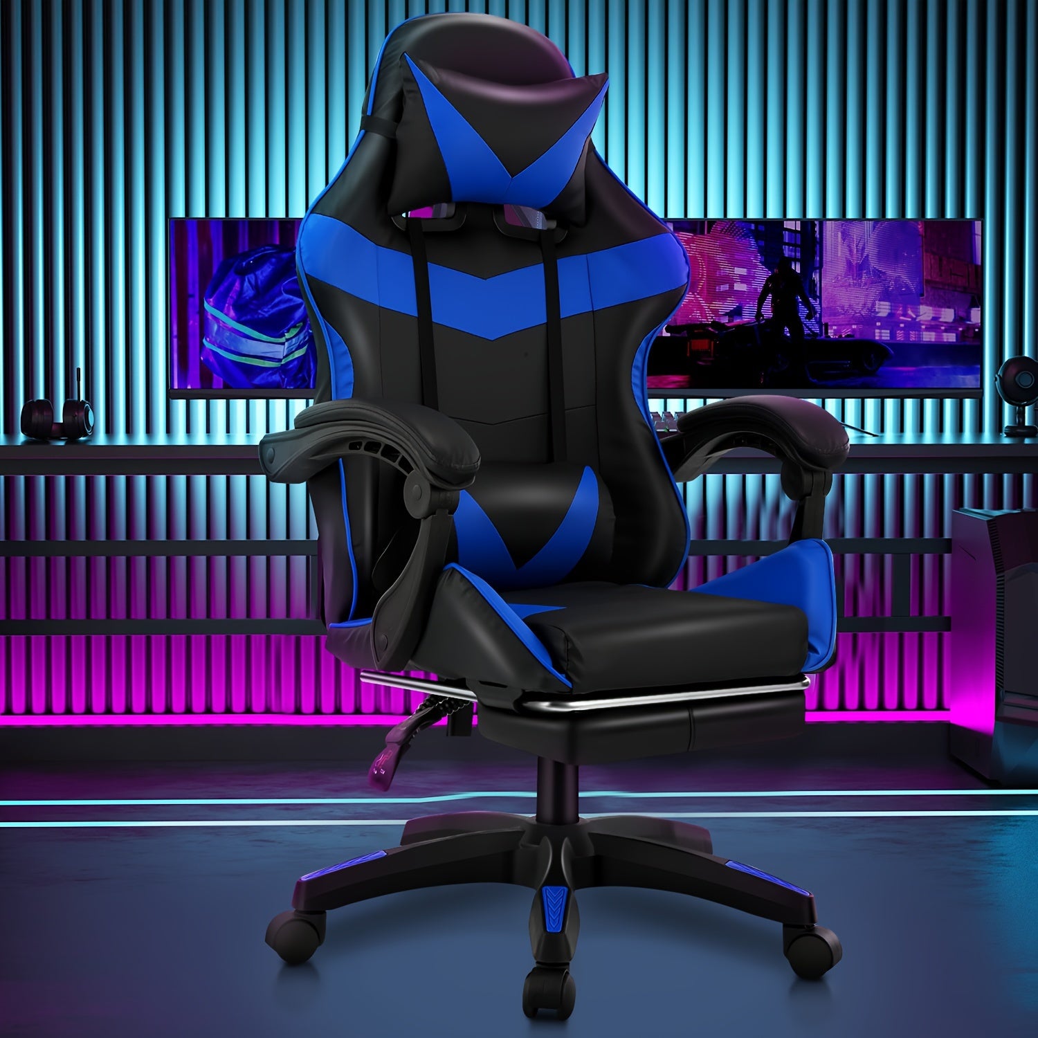 Silla de oficina ergonómica diseñada para gaming, con reposapiés, respaldo alto, giro ajustable y soporte lumbar, hecha de cuero PU en estilo racing para entusiastas de los E-Sports