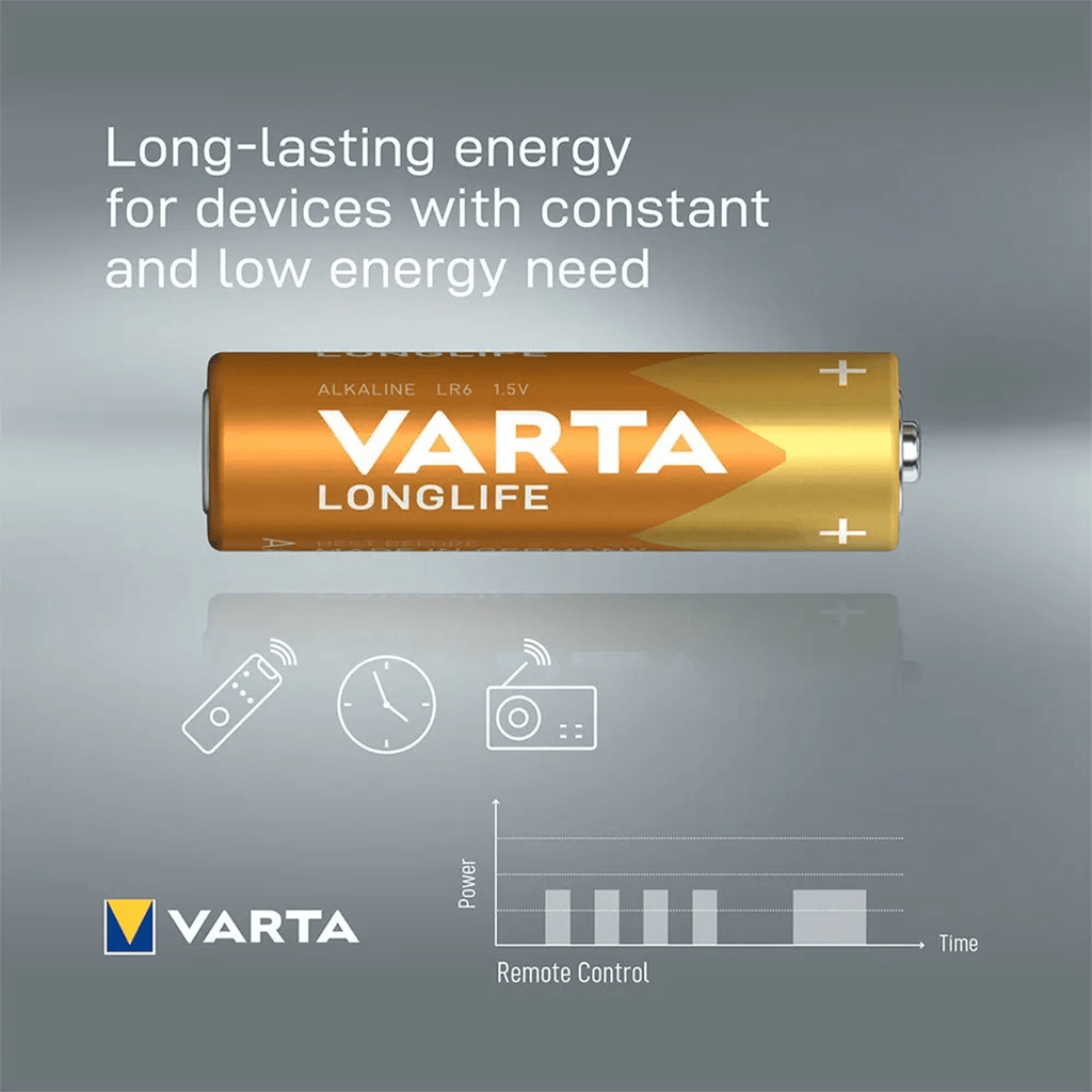 Pilas | Pilas AA Alcalinas de Alto Rendimiento, VARTA Longlife, Ultra Larga Duración, Energía Continua, Ideal para Controles Remotos, Juguetes