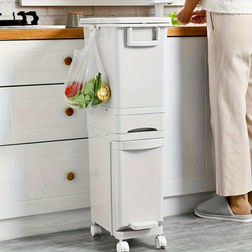 Cubo de basura estrecho de cocina de 32L con tapa, clasificación selectiva con división o dos contenedores interiores, pedal para separación de residuos secos y húmedos, contenedor de plástico para ahorrar espacio para cocina y baño
