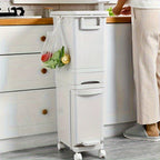 Cubo de basura estrecho de cocina de 32L con tapa, clasificación selectiva con división o dos contenedores interiores, pedal para separación de residuos secos y húmedos, contenedor de plástico para ahorrar espacio para cocina y baño