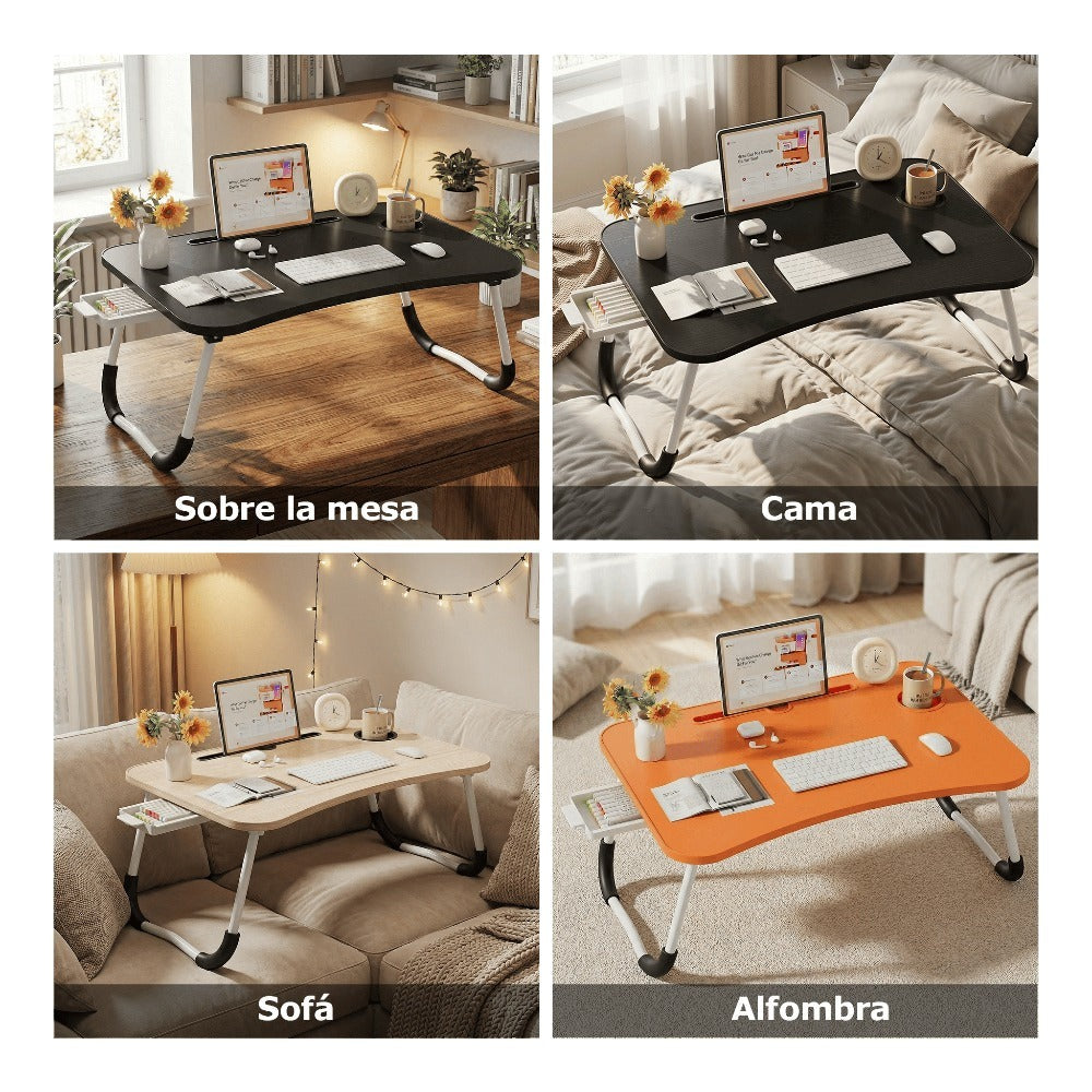 Mesa plegable multifunción para cama y sofá con portavasos, 60×40×28 cm, mesa auxiliar con atril para leer en la cama, bandeja multifunción para ordenador, libros, trabajo y estudio en casa (con cajón / sin cajón)