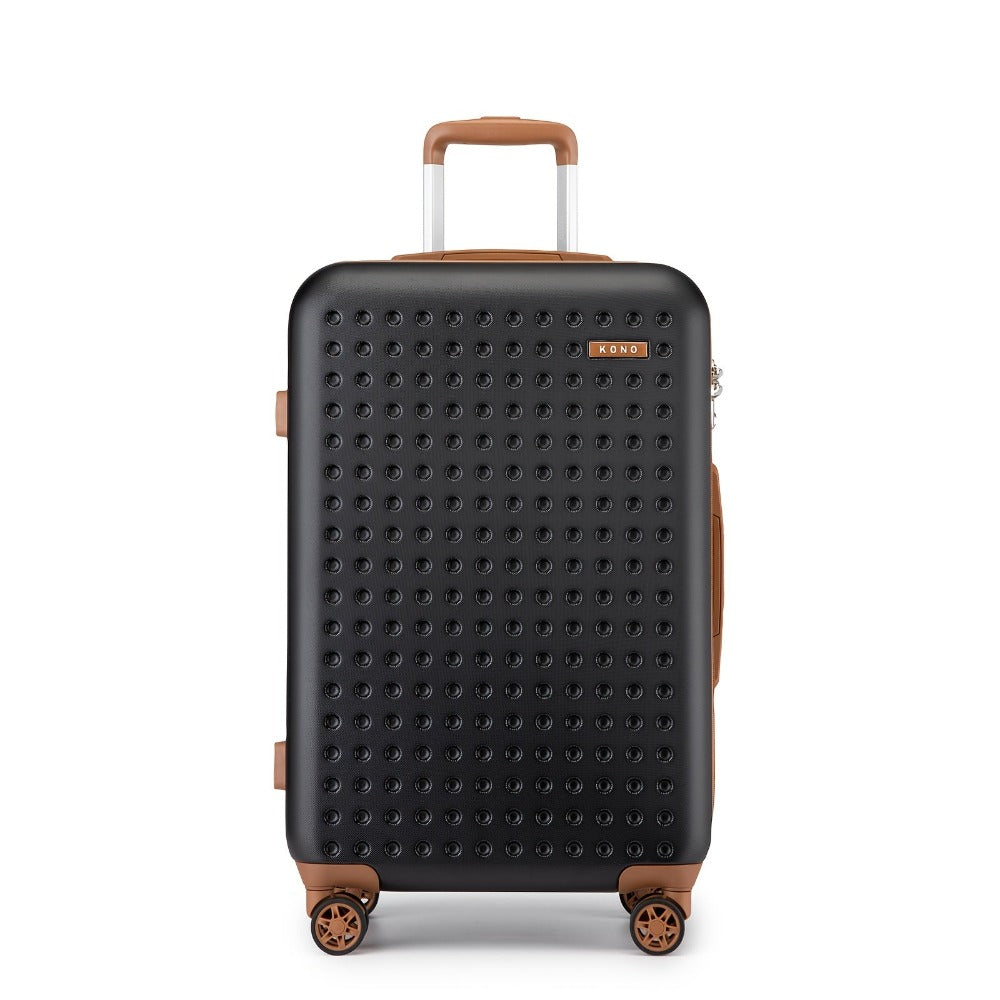 Esta maleta rígida ligera ofrece múltiples tamaños, ruedas giratorias y un candado TSA incorporado, disponible en negro y marrón.