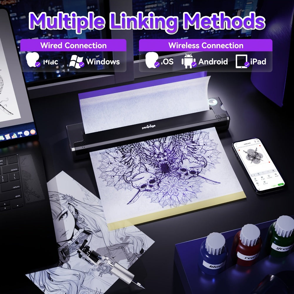 Impresora térmica de transferencia de tatuajes DIY Peripage, 1 pieza con 5 hojas de papel de transferencia A4, mini impresora portátil compatible con smartphones y computadoras iOS y Android para tatuadores y principiantes