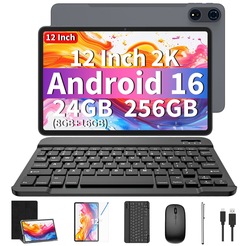 Cámara de seguridad | Tableta Android con sistema Android 16, tableta de 12 pulgadas con teclado, 24 GB (8 GB + 16 GB) RAM + 256 GB ROM, cámara