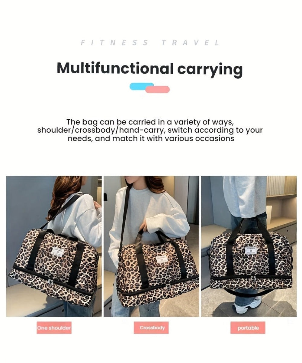 Maleta moderna con estampado de leopardo y amplio espacio, con compartimento separado para zapatos, correa de hombro ajustable, ideal para el gimnasio, yoga y escapadas de fin de semana, así como actividades de ocio y camping al aire libre
