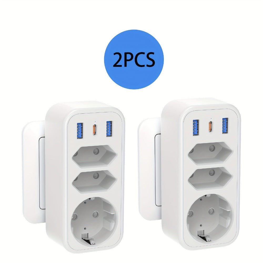 2 unidades de enchufe USB, adaptador de enchufe, multi enchufe 6 en 1 con 3 salidas, 2 cargadores USB, 1 puerto tipo C, compatible con teléfonos celulares, computadoras portátiles, para electrodomésticos, multi enchufe para el hogar, viajes y oficina