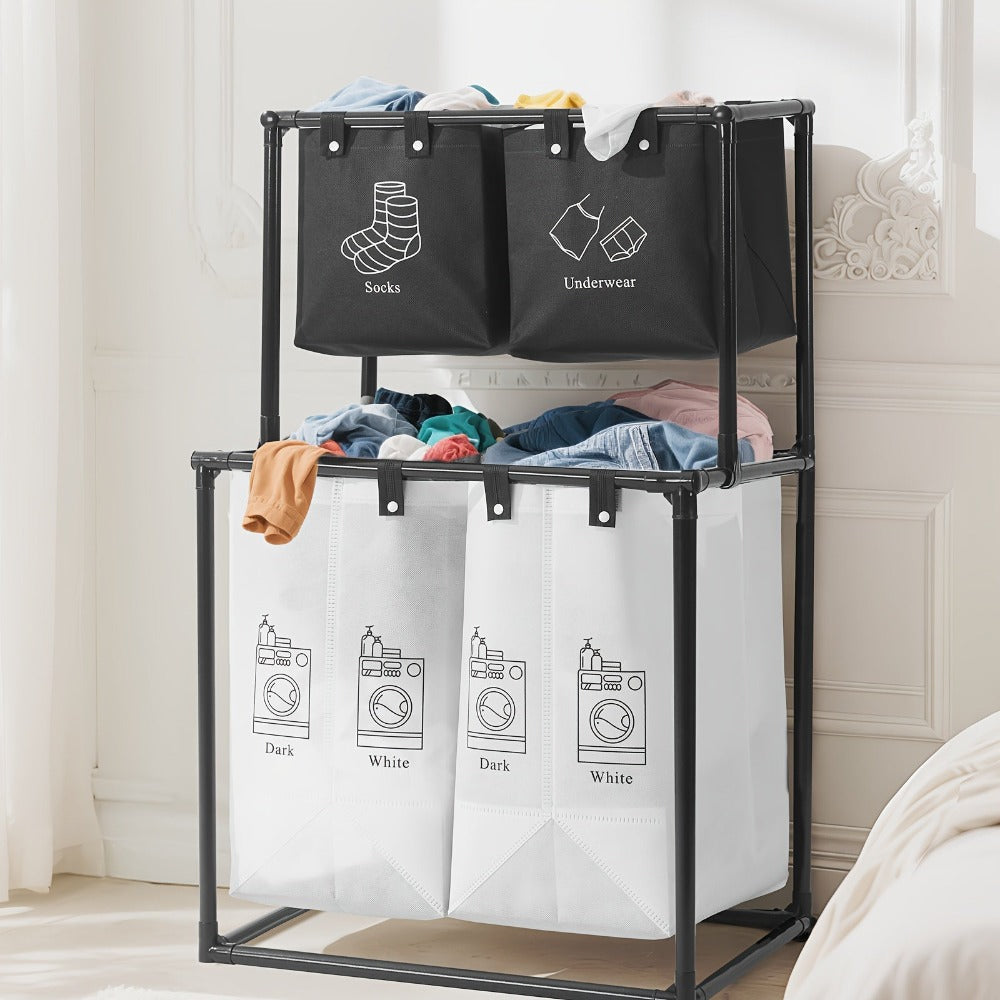 Cesta de Ropa Plegable Doble Capa con 4 Bolsas Desmontables, Cesto Multifuncional Ahorrador de Espacio, Material Duradero, Diseño Enrollable, Fácil Instalación, Estilo Minimalista Moderno, Ideal para Dormitorio, Baño y Cocina, Organizador Multifuncional,D