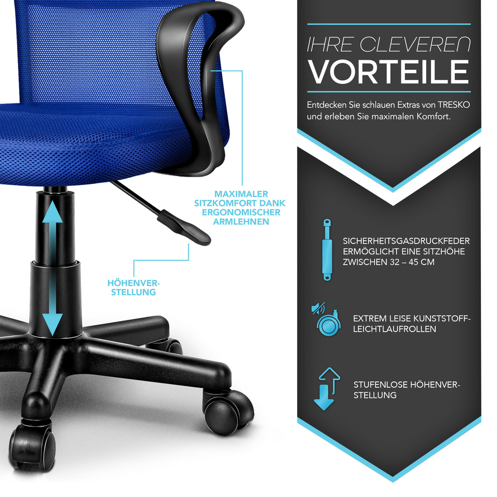 Silla de Oficina TRESKO® con Reposabrazos, Altura Ajustable Continua | Silla Giratoria de Malla Transpirable | Silla de Escritorio con Ruedas de Plástico Ligeras, Superficie Acolchada, Ajuste Ergonómico | Silla de Ordenador Ideal para Oficina en Casa, Hab