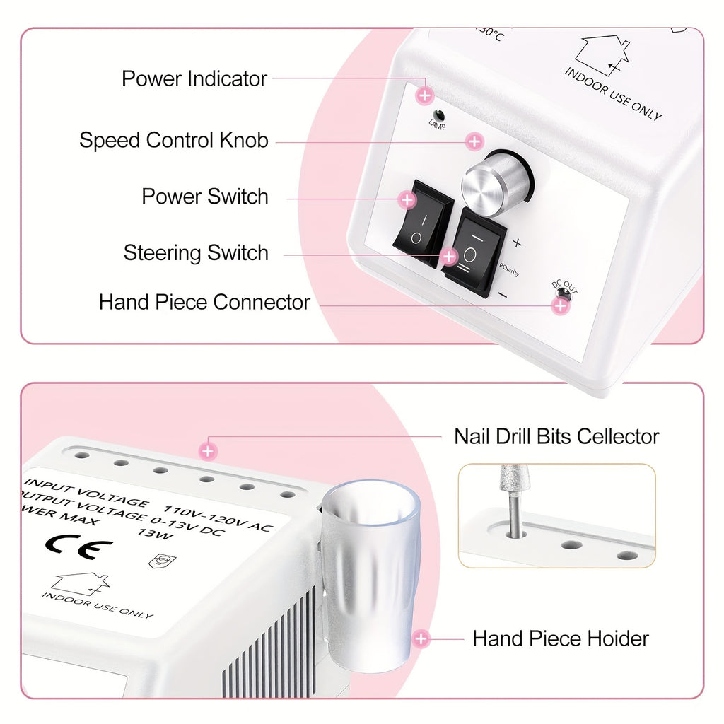 Torno Eléctrico para Uñas de 20000 RPM, Lima de Uñas, Set de Uñas Acrílicas para Manicura, Removedor de Esmalte de Uñas en Gel con 1 Paquete de Bandas de Lijado, Aleación de Aluminio