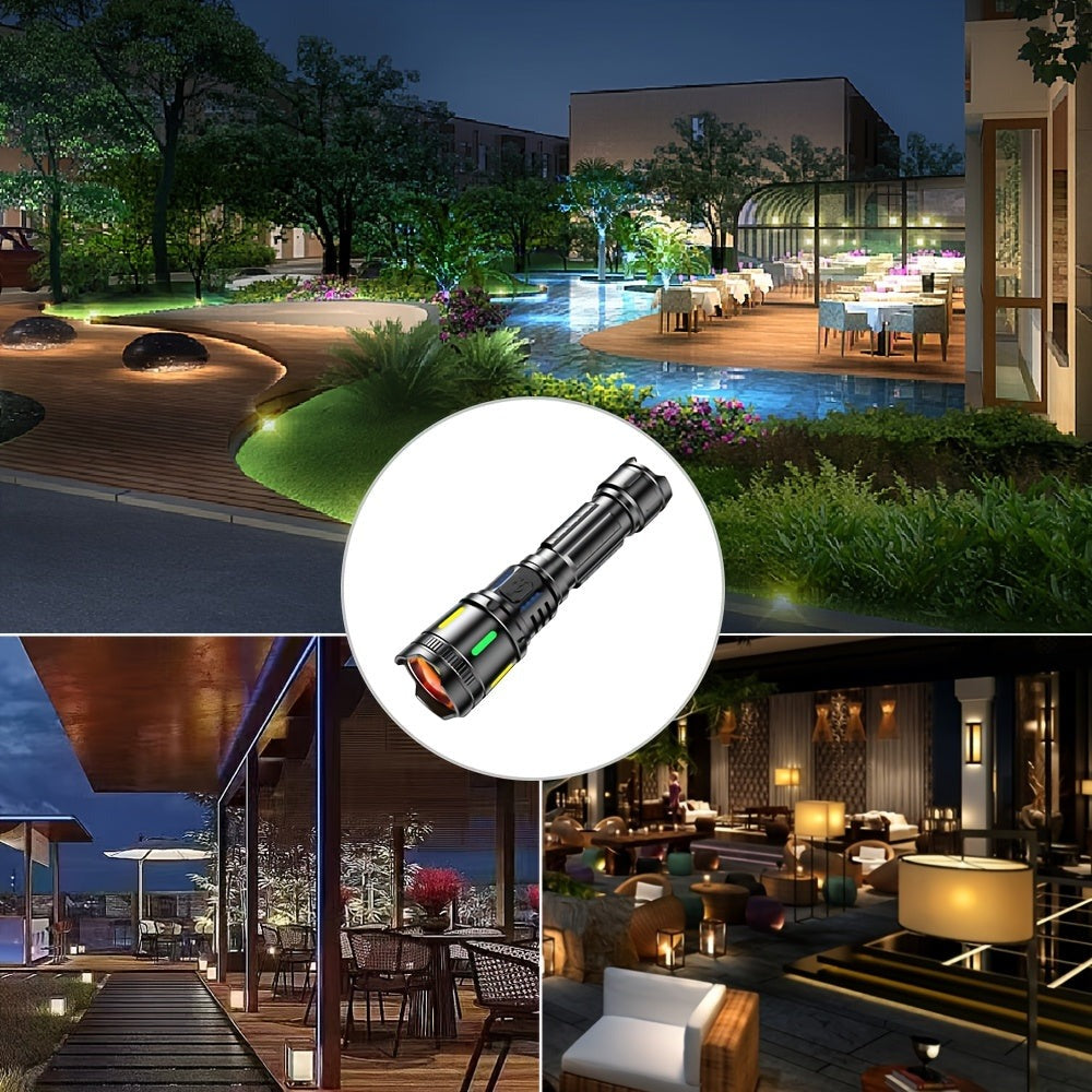 1 linterna recargable potente de alto lumen, 4 modos de iluminación, linterna LED zoomable, linterna de emergencia portátil de aleación de aluminio con pantalla electrónica, para emergencias comerciales, pesca, camping, exploración, caza, senderismo