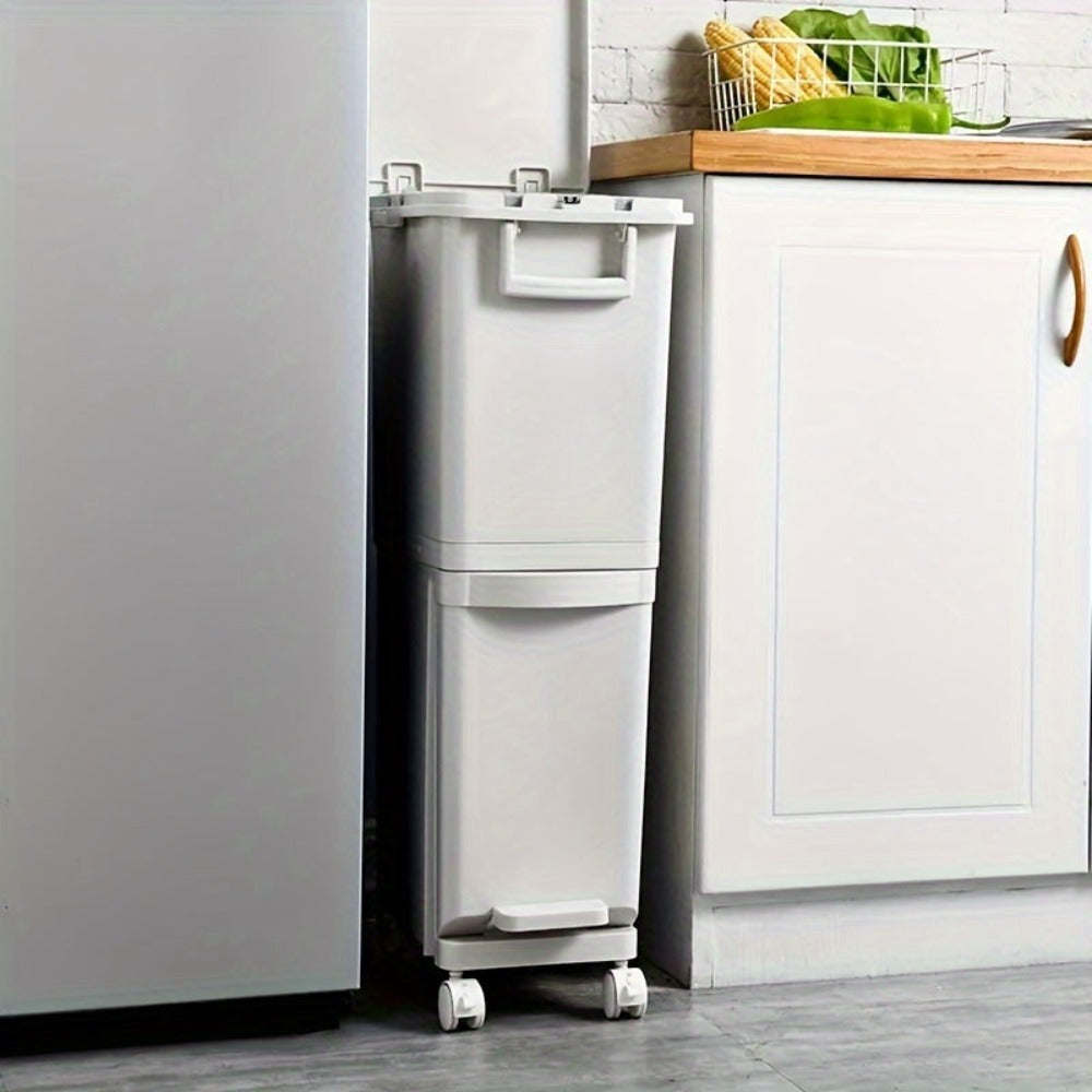 Cubo de basura estrecho de cocina de 32L con tapa, clasificación selectiva con división o dos contenedores interiores, pedal para separación de residuos secos y húmedos, contenedor de plástico para ahorrar espacio para cocina y baño