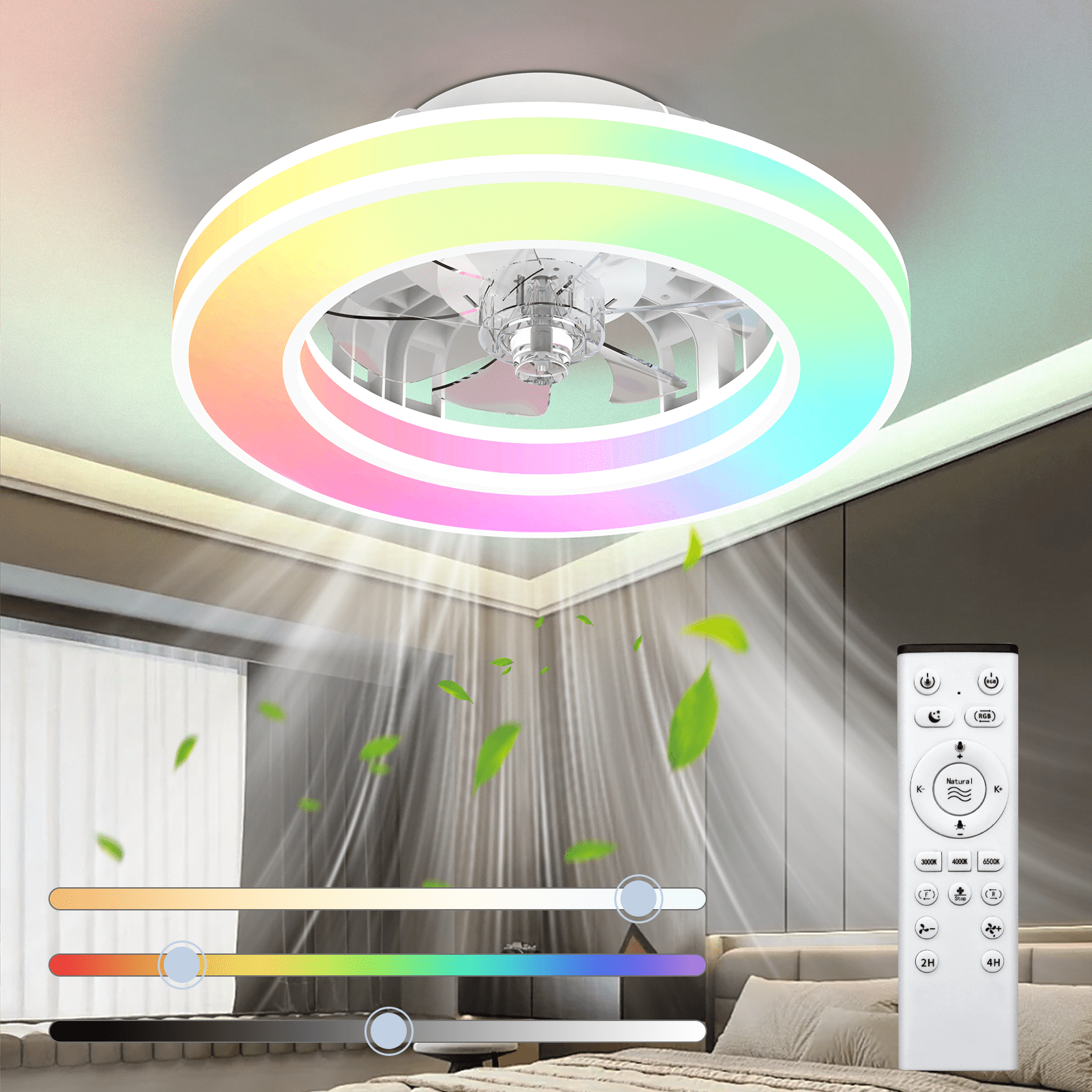 Ventilador de techo con luz de 41.5 cm, ventiladores de techo silenciosos de 25 W, regulable 3000K-6500K-RGB, 6 velocidades de viento con control remoto, temporizador, memoria de luz, ventilador reversible