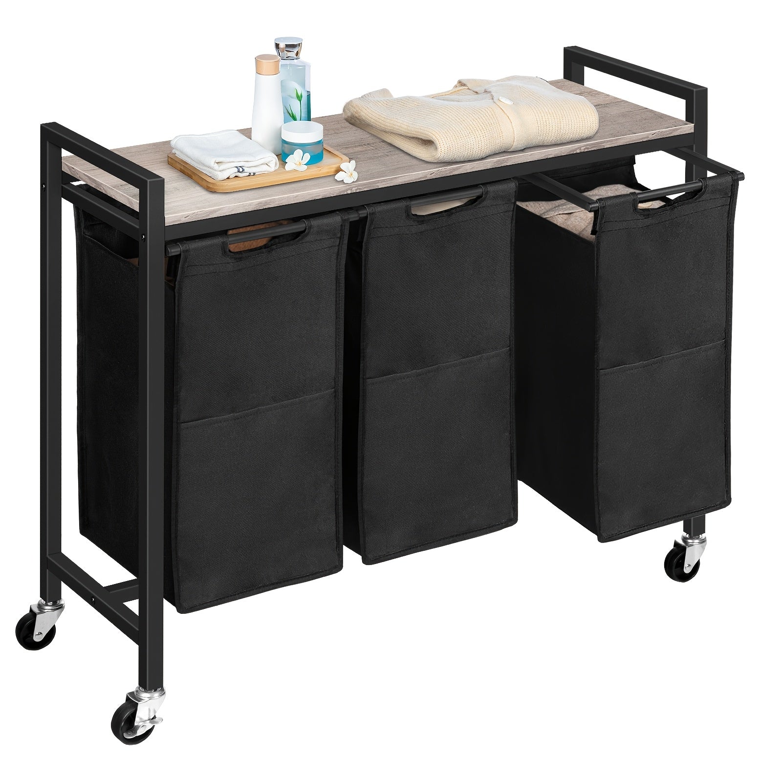 Cesto de lavandería de 3 compartimentos, recolector de ropa con estante, caja de lavandería, carrito de lavandería, 3 X 39.8 L, bolsa de lavandería hecha de tela Oxford, 84 X 33 X 74.5 Cm, marrón y negro vintage, cestos de lavandería