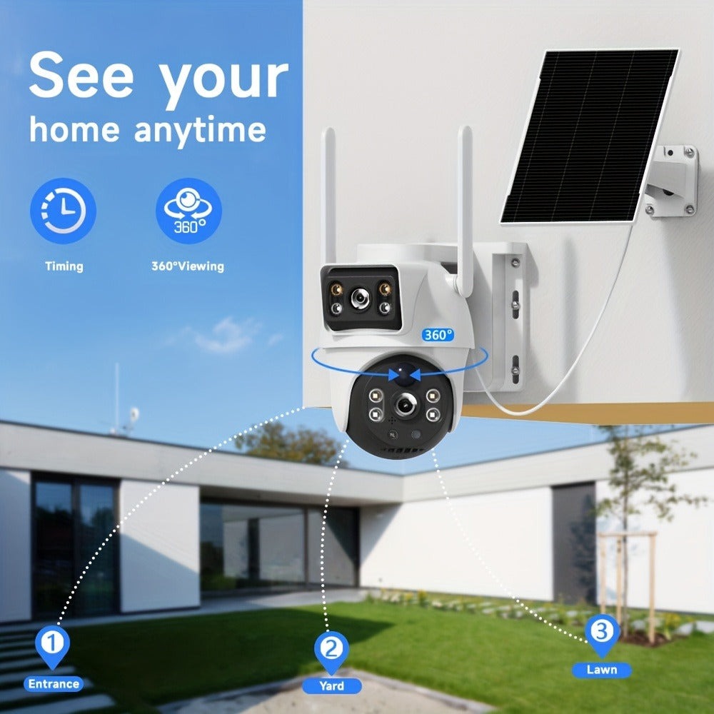 Cámara de seguridad inteligente solar de doble lente 4G para exterior con 8MP, detección de movimiento, audio bidireccional, visión nocturna a todo color, notificaciones de alarma, equipada con tarjeta SIM