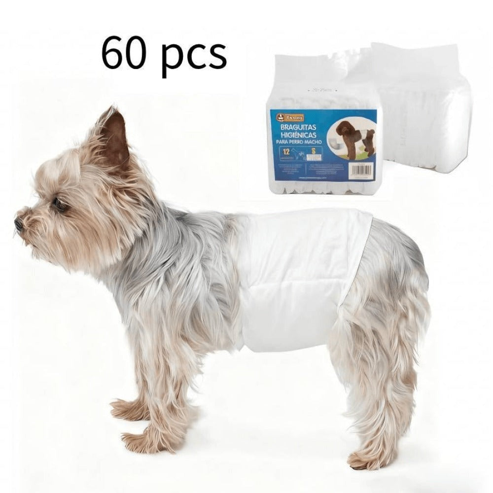 Pañales para mascotas (60 unidades) | Pañal para perros machos | Suaves y cómodos | Transpirables | Apto para perros pequeños, medianos y grandes | Para uso doméstico o de viaje | Tallas XS, S, M, L, XL | 60 unidades por paquete