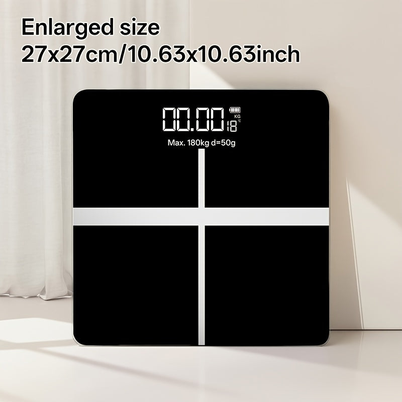 Báscula de baño de alta precisión, báscula electrónica de cuerpo con pantalla LCD ultradelgada con visualización de temperatura, inicio automático al pesar, pesaje hasta 180 kg, cambio de unidad LB/KG, diseño de plataforma de vidrio templado antideslizant