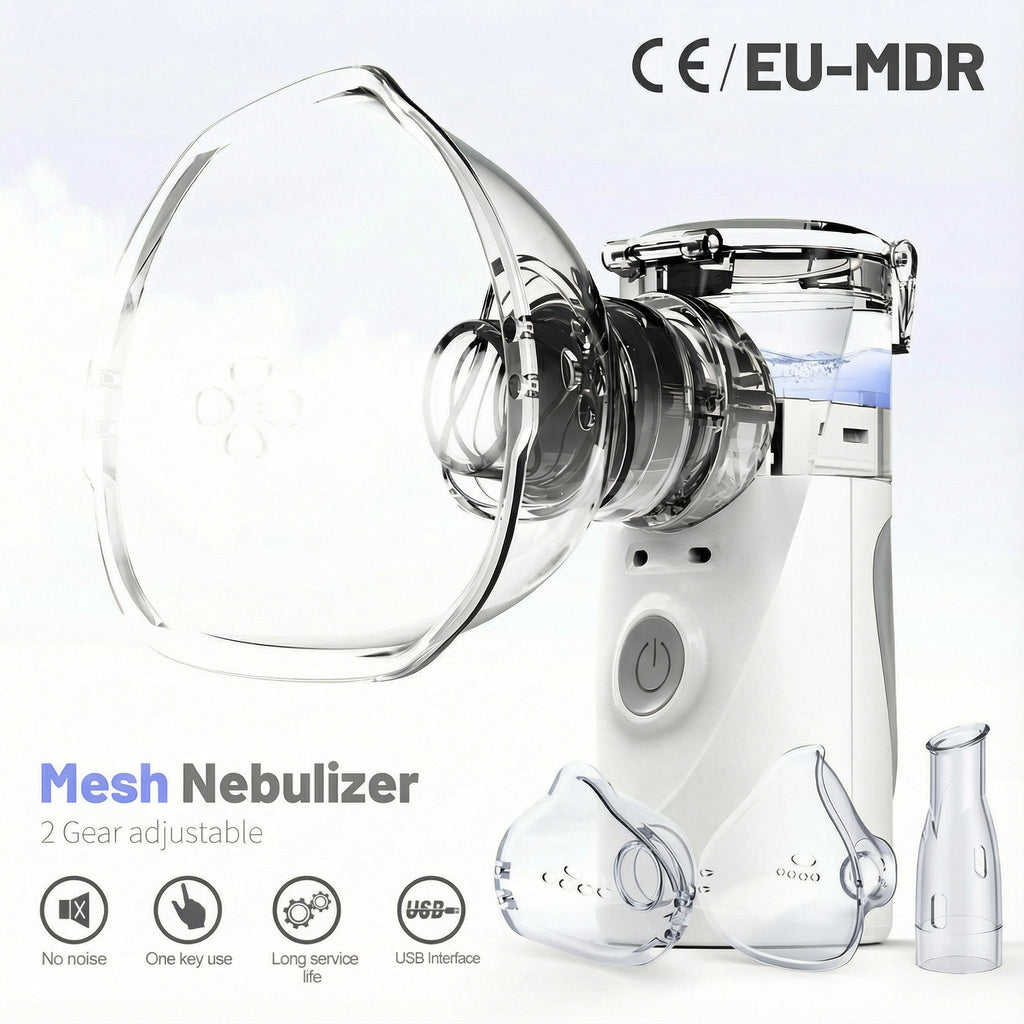 Nebulizador de malla portátil para uso doméstico, nebulizador de mano ultrasilencioso, dispositivo de terapia de aerosol de niebla fina, doble fuente de alimentación (batería y USB, baterías no incluidas), vaso para medicamentos de 8 cc, 2 mascarillas (gr