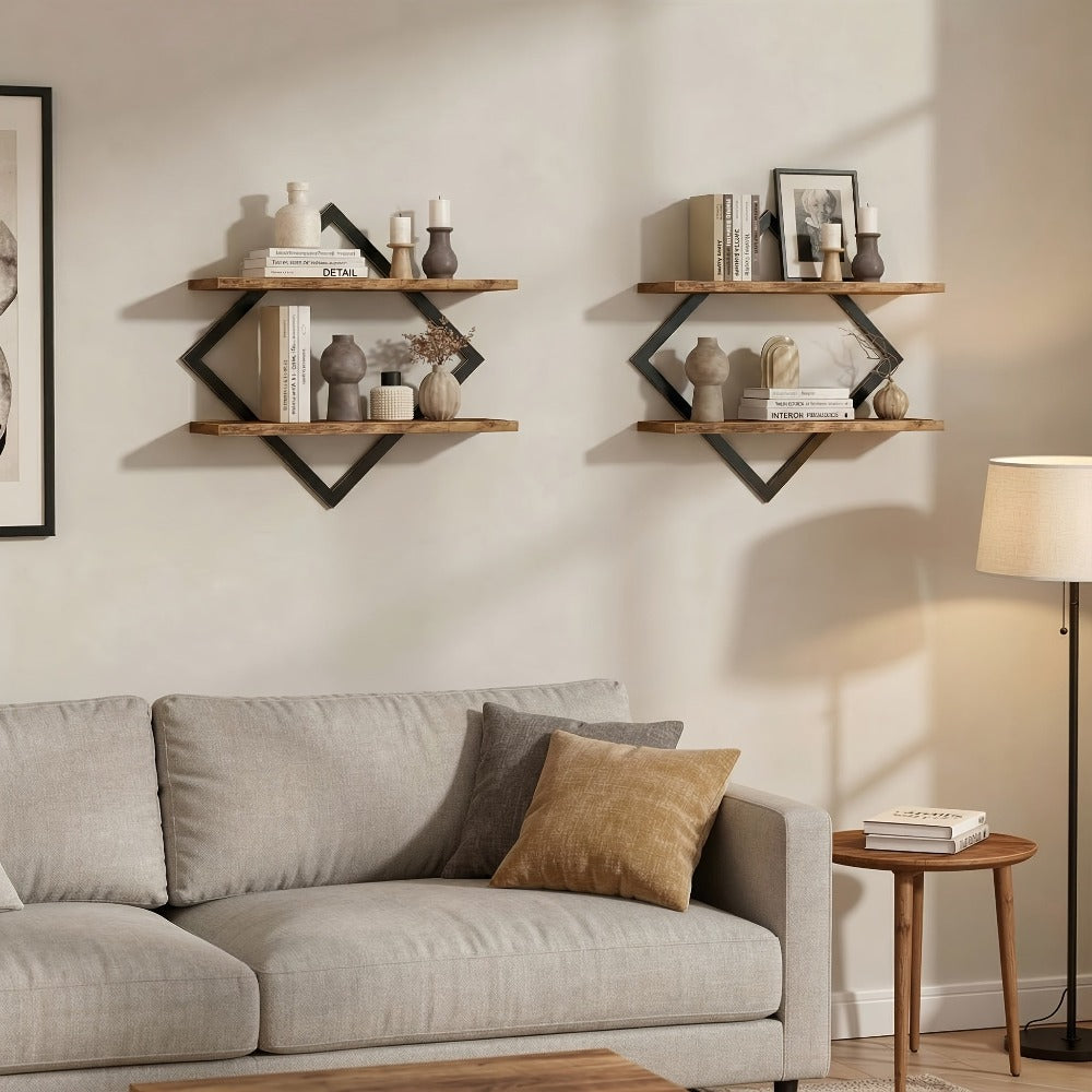 Juego de 2 Estantes de Madera Montados en la Pared - Estante de Almacenamiento Rústico Moderno de Doble Capa, Unidad de Estantería Vertical Ahorradora de Espacio Adecuada para Sala de Estar, Oficina, Dormitorio - Instalación, Madera