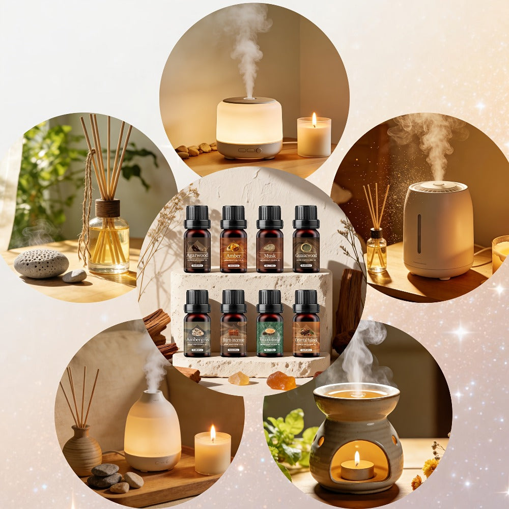 Un set de 6 aceites esenciales perfumados de madera para regalos de Ramadán, regalos de Pascua, que incluye difusor, velas perfumadas, quema incienso, piedras de incienso, humidificador, para coche y recambios de aceites esenciales para el hogar