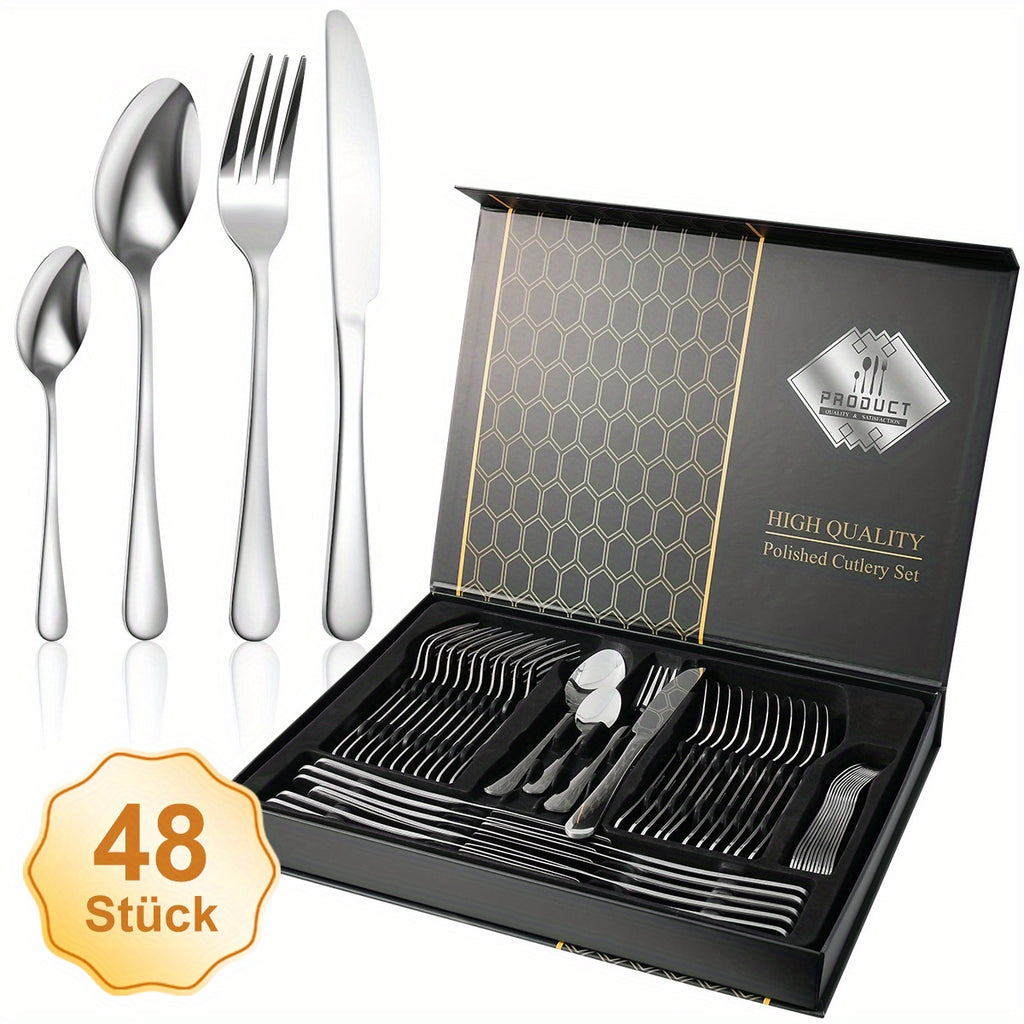 Juego de cubiertos de acero inoxidable de 48 piezas para 12 personas | Elegante caja de regalo, cubiertos premium, pulido espejo, apto para lavavajillas, cuchillos para bistec, tenedores y cucharas ergonómicas | para reuniones familiares, bodas, inaugurac
