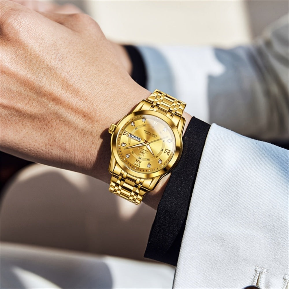 OLEVS Reloj de Lujo para Hombre, Diseño Elegante de Negocios con Diamantes de Imitación, Cuarzo Clásico de Acero Inoxidable para Hombre, Calendario Diurno Luminoso, Ideal para Regalos Románticos, Disponible en Esfera Azul/Negro/Blanco/Dorado