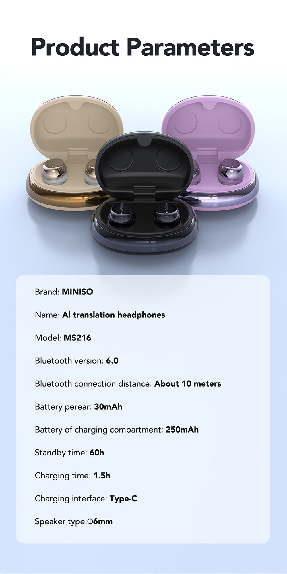 Auriculares Bluetooth | MINISO Auriculares con Traducción AI | Inalámbricos 6.0, Carga Rápida Tipo-C, 60 Horas de Reproducción, Conexión Estable