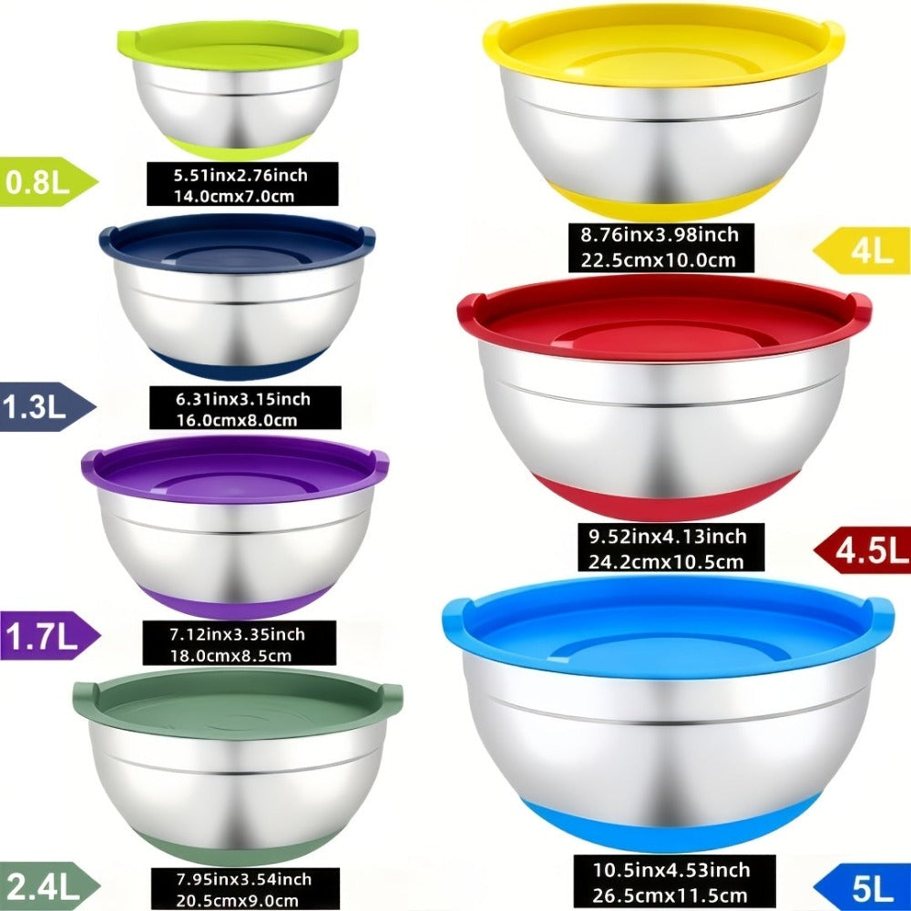 Juego de 22 piezas/10 piezas de ensaladeras avanzadas de acero inoxidable con tapa, base de silicona mejorada, grupo de ensaladeras apilables, aptas para lavavajillas, 5L, 4.5L, 4L, 2.4L, 1.7L, 1.3L, 0.8L, paquete mixto, ensaladeras para preparación de co