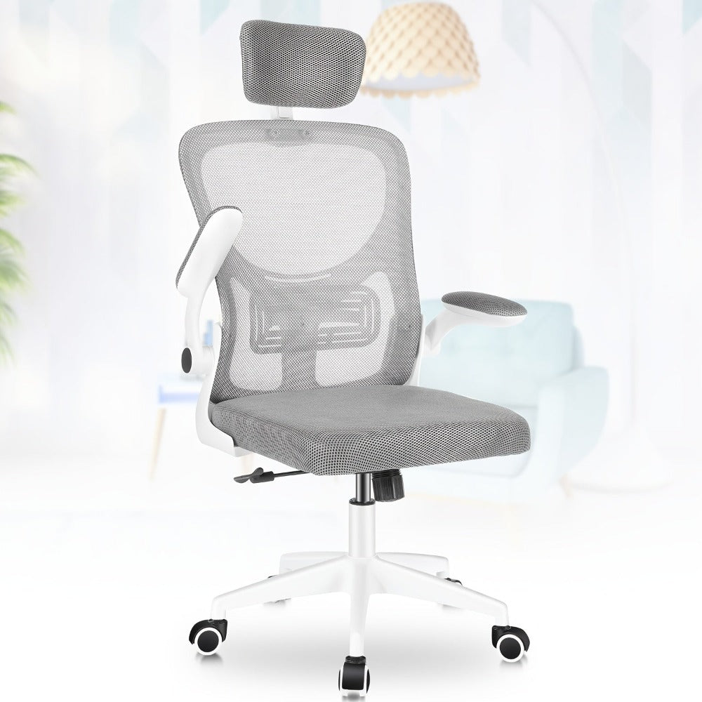 Silla ergonómica de escritorio para computadora, silla de oficina en casa de respaldo alto con reposabrazos abatibles y soporte lumbar para estudio en casa o trabajo de gerente, y blanco