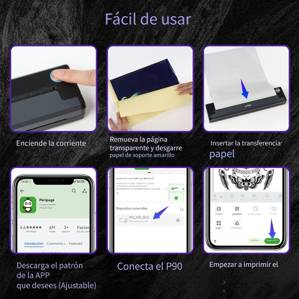 Impresora inalámbrica P90 de plantillas para tatuajes, máquina de tatuaje térmica con papel de plantillas, kit de impresora de tatuajes portátil compatible con teléfono, tableta y PC