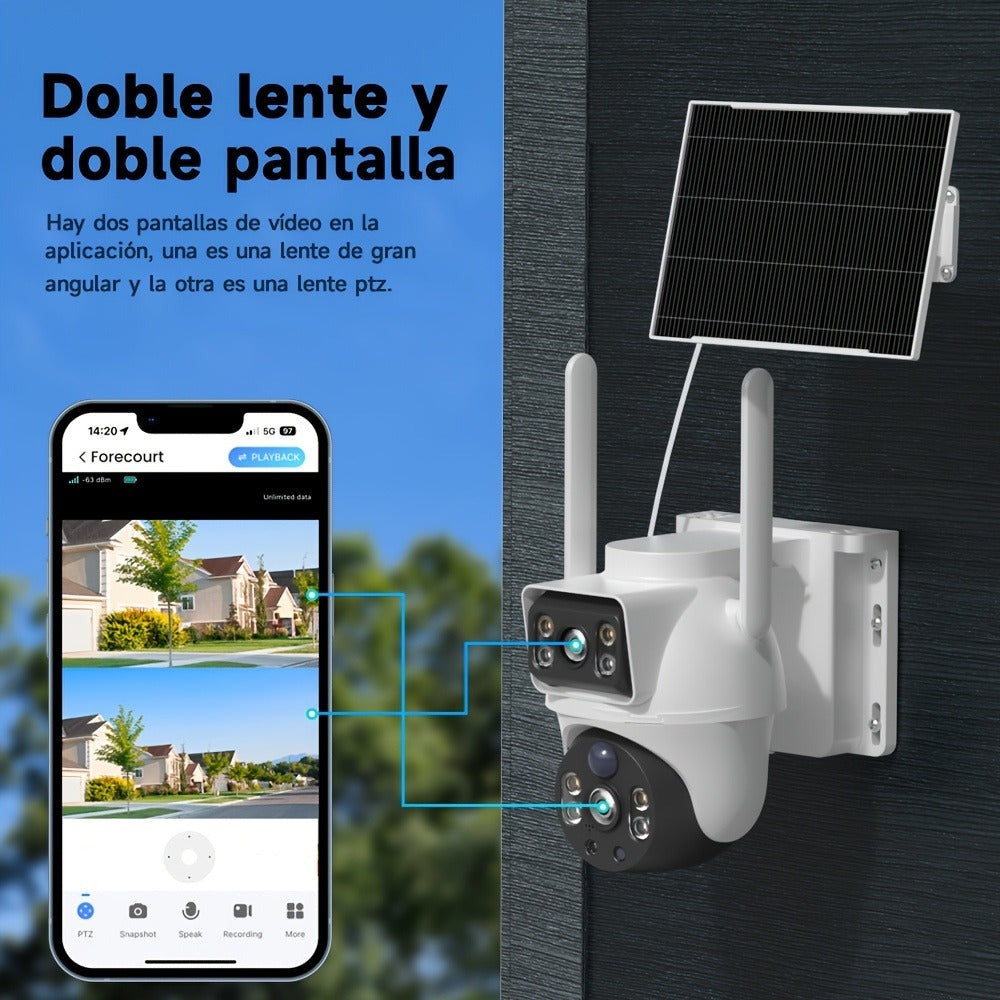 Cámara de doble lente de 8MP con Wifi y energía solar, seguimiento de movimiento, detección humana, audio bidireccional, visión nocturna a todo color, para seguridad en el hogar