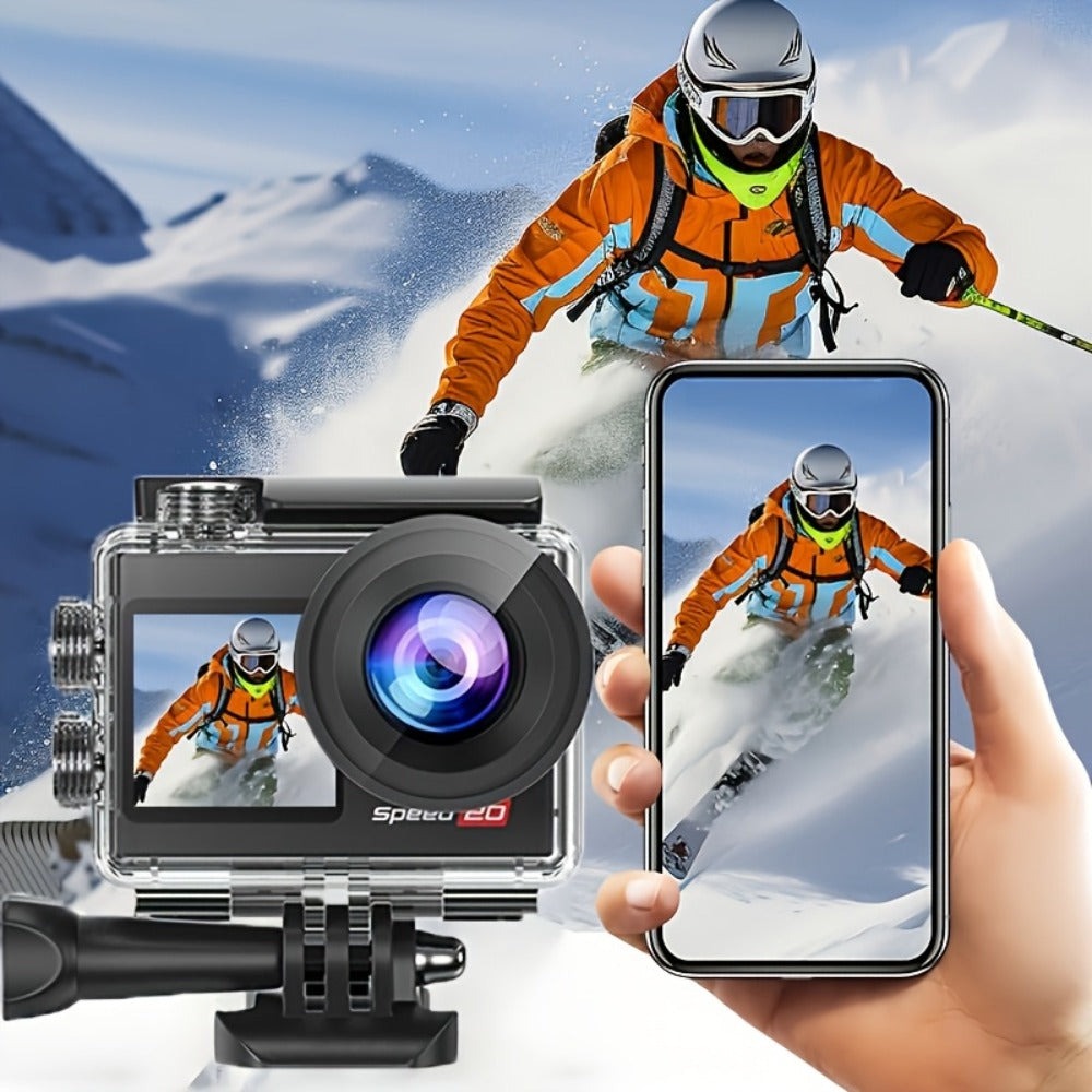 Cámara de Acción 4K HD, con Kit de Accesorios Completo, Pantalla OLED de 1.4 Pulgadas, Estabilización de Imagen Digital, Control de Exposición Automático, Conectividad WiFi, Formato MP4, Lente Ojo de Pez, Enfoque Automático Híbrido, Medición de Peso Centr