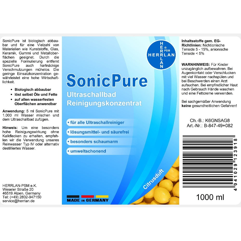 HERRLAN® SonicPure Concentrado de Limpieza Ultrasónica 1000 ml - Concentrado Líquido para Limpiadores Ultrasónicos y Estuche de Gafas - Hecho en Alemania