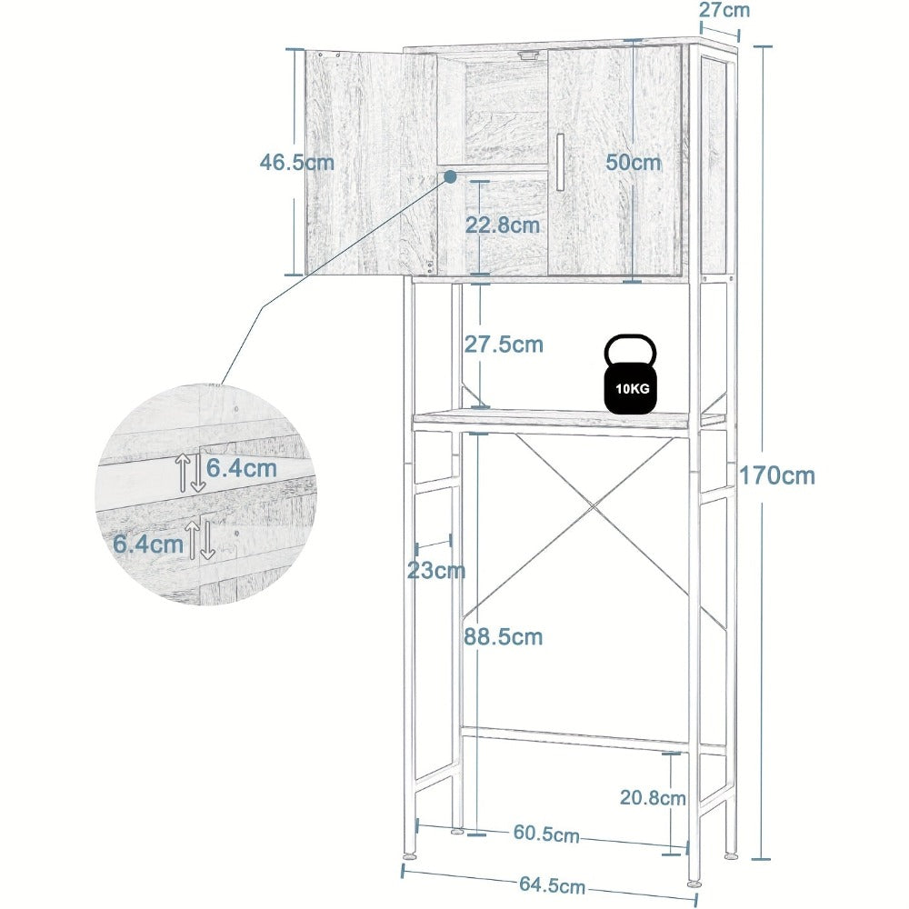 Estantería de baño de 1 pieza, gabinete para lavadora, estante para lavadora sobre inodoro, estante para inodoro con gabinete y estante ajustable, estantería de baño de madera y metal, 64.5 x 170 x 27 cm, estantes
