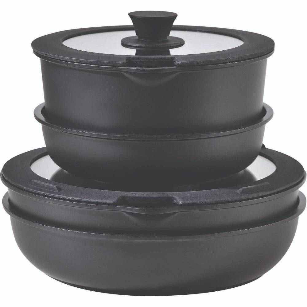 Bergner Click&Cook Batería de cocina 10 Pzs Mango extraíble, 3 Sartenes, 2 Cazos, Tapas y Utensilios Aluminio revestimiento antiadherente