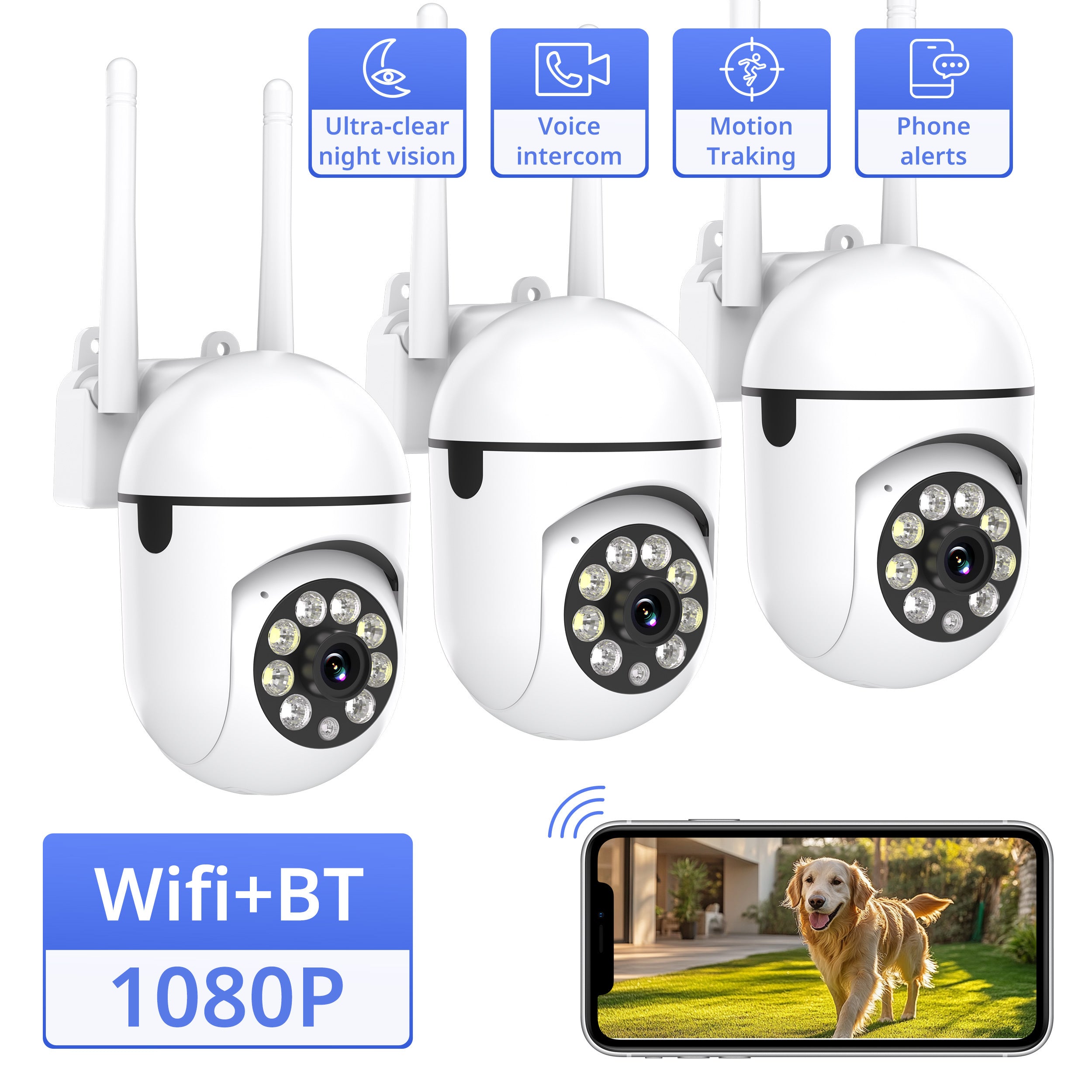 Cámaras de Vigilancia Exterior 3pcs 1080P FHD para Black Friday: 355° PTZ Pan-Tilt, Visión Nocturna en Todo Color, Comunicación Bidireccional y Más, Perfectas para Seguridad en Hogares/Pequeños Negocios (Propietarios)