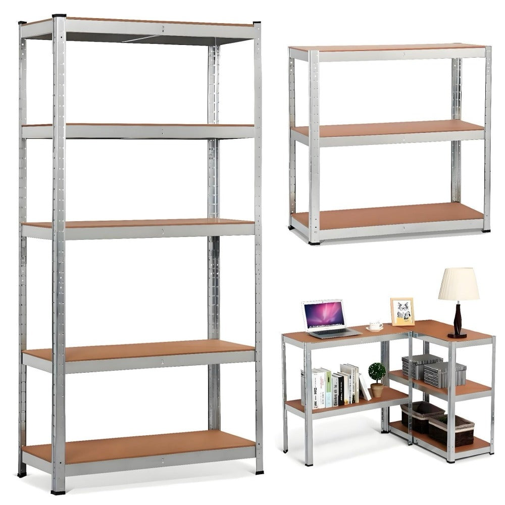 Estantería Metálica Almacenaje de Acero Galvanizado con 5 Baldas de MDF, Plata, 180x90x40cm Modular, Baldas Ajustables, trastero, Garaje.