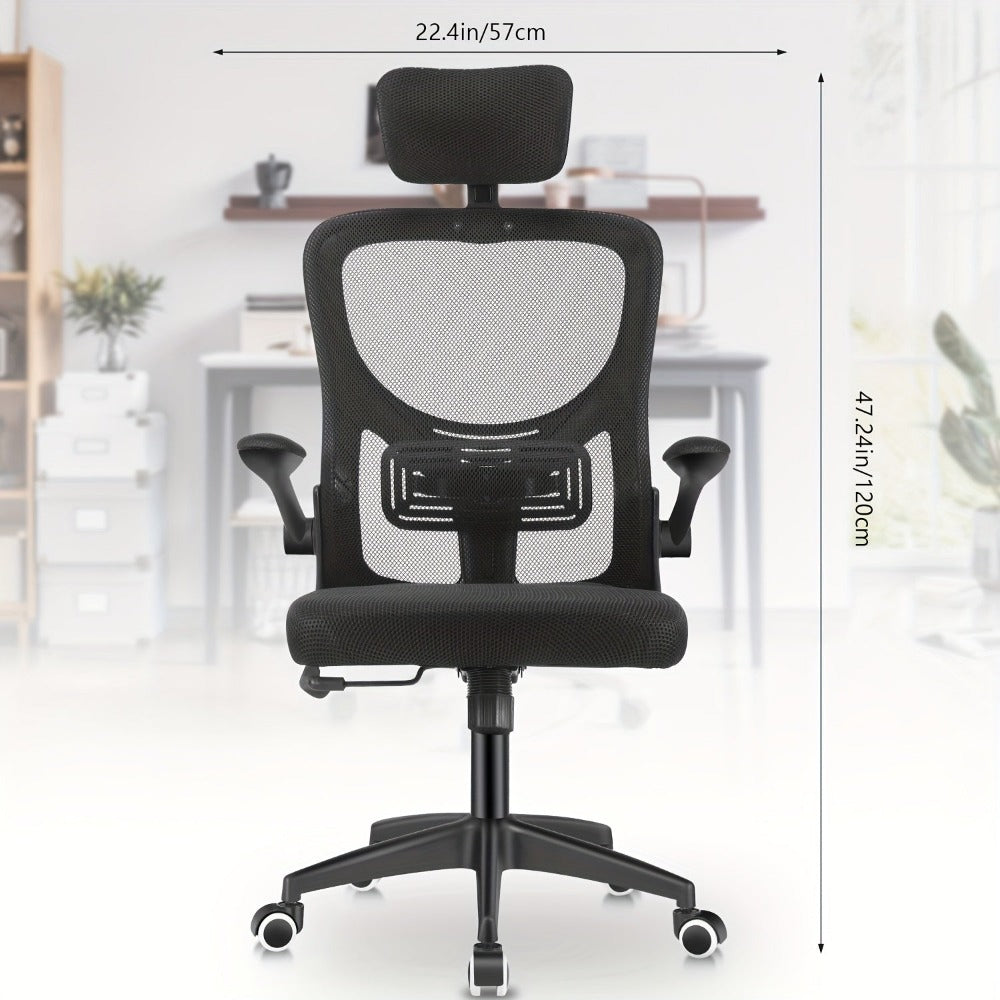 Silla ergonómica de escritorio para computadora, silla de oficina en casa de respaldo alto con reposabrazos abatibles y soporte lumbar para estudio en casa o trabajo de gerente, y blanco