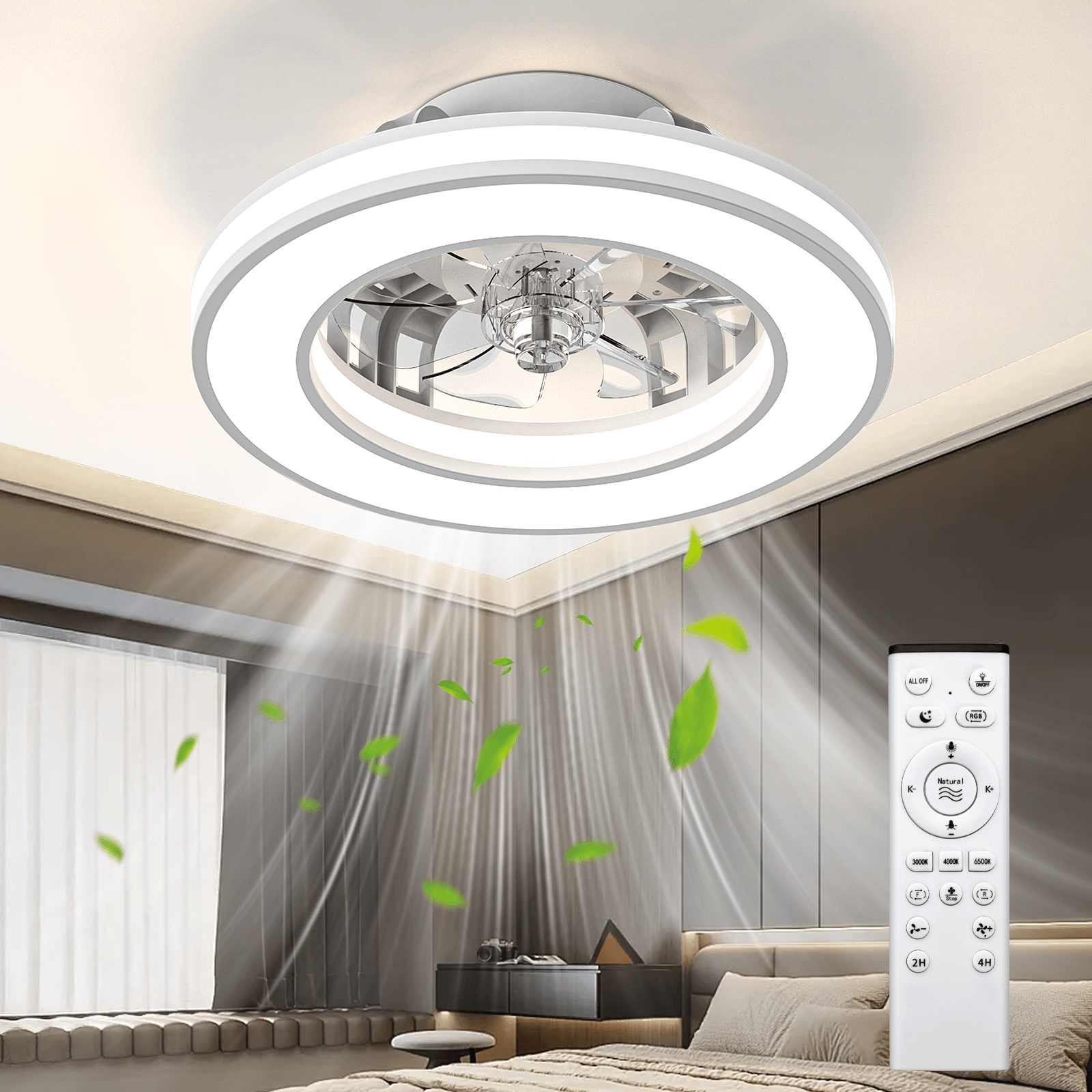 Ventilador de techo con luz de 41.5 cm, ventiladores de techo silenciosos de 25 W, regulable 3000K-6500K-RGB, 6 velocidades de viento con control remoto, temporizador, memoria de luz, ventilador reversible
