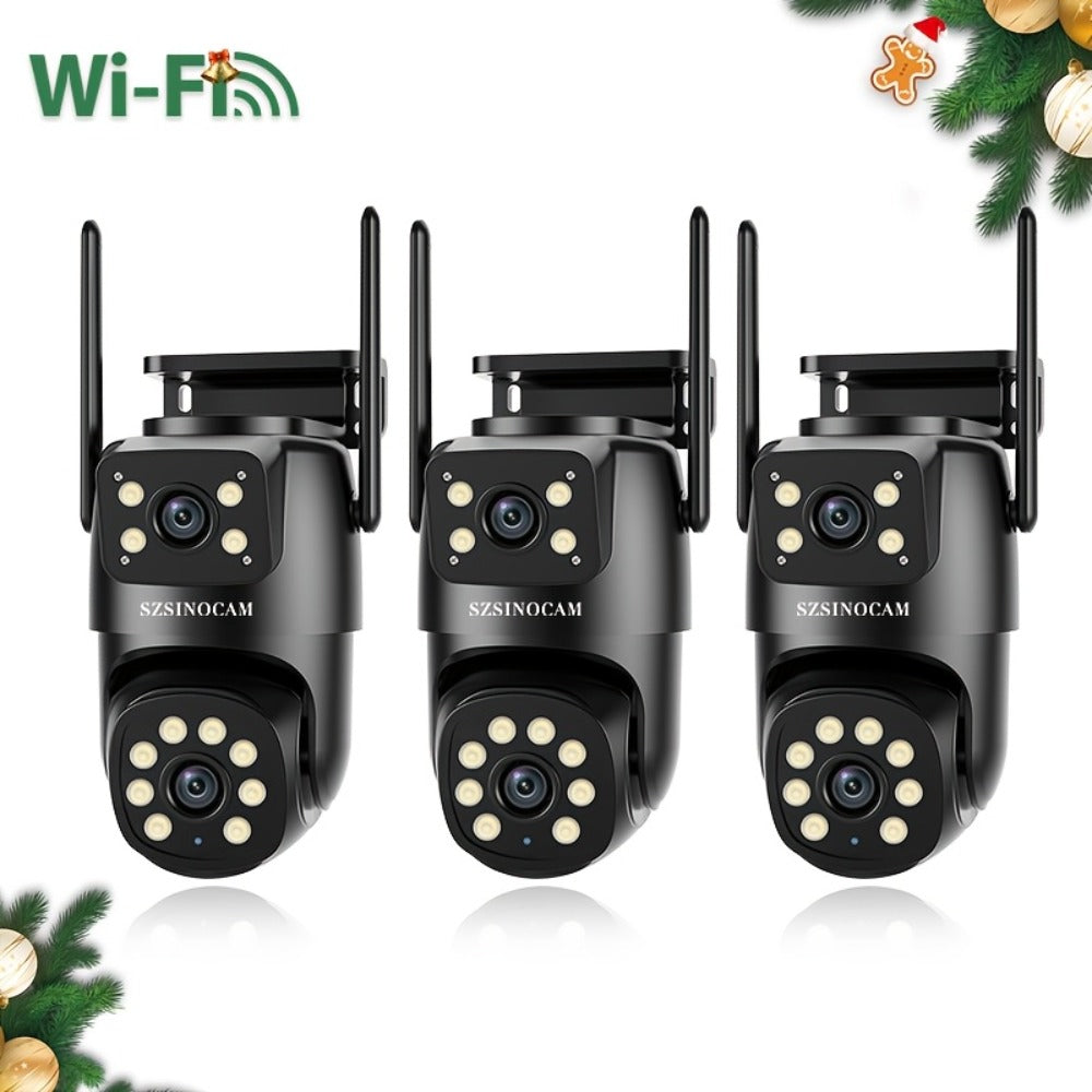 Juego de 3 cámaras de seguridad WiFi SZSINOCAM de 4MP con 2 lentes y 2 pantallas, total 4MP, doble lente 2.4GHz, no compatible con 5GHz, seguimiento humano con IA, visión nocturna en color, para exteriores, previene daños por lluvia, audio bidireccional,