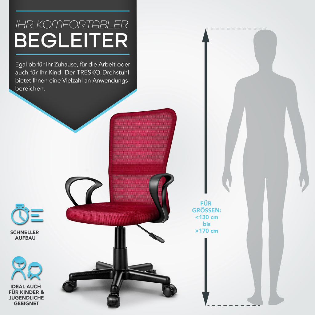 Silla de Oficina TRESKO® con Reposabrazos, Altura Ajustable Continua | Silla Giratoria de Malla Transpirable | Silla de Escritorio con Ruedas de Plástico Ligeras, Superficie Acolchada, Ajuste Ergonómico | Silla de Ordenador Ideal para Oficina en Casa, Hab