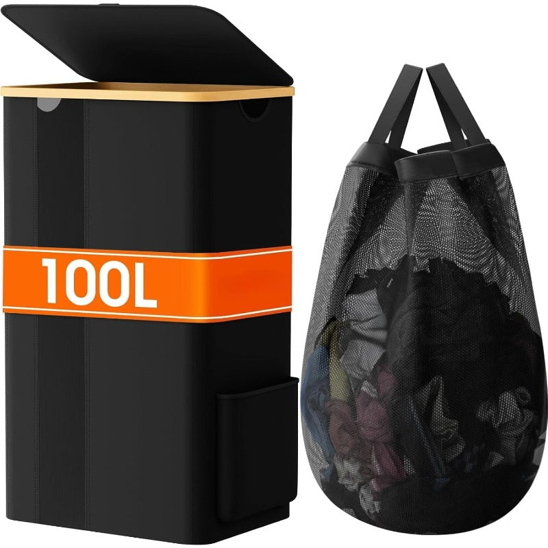 Cesto de lavandería Furnestorica con tapa, diseño de malla transparente con capacidad clara, cesto de ropa de lavandería de 100L con asas y bolsa de lavandería extraíble, cesto de diseño transpirable con tapa para dormitorio, baño, residencia, lavandería,