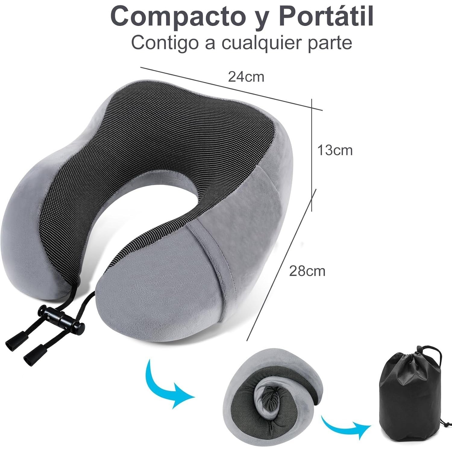 Una Almohada Cervical Ergonómica en Forma de U con Bolsa de Almacenamiento, Espuma de Memoria con Tecnología de Rebote Lento, Funda Lavable a Máquina, Ligera y Portátil para Avión, Oficina y Hogar, Apoya Cuello y Cabeza, Ideal para Siestas, Lectura y Ver
