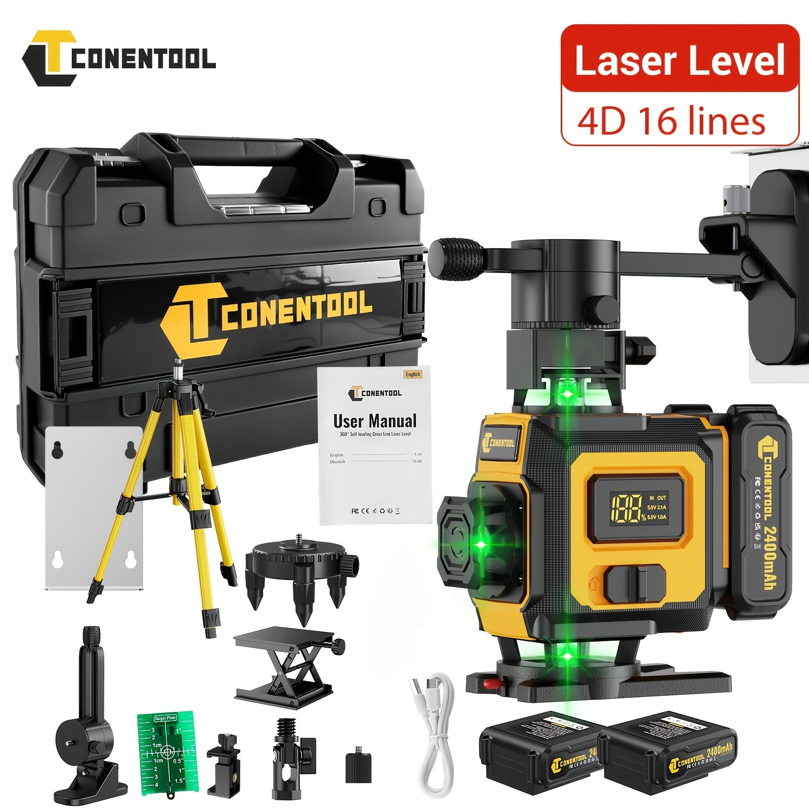 Nivel Láser Verde 4D de 16 líneas con retícula horizontal y vertical de alta precisión, rotación de 360°, nivelación automática y es un nivel láser multifuncional para medición precisa. Equipado con dos baterías de litio de 2400mAh/3600mAh