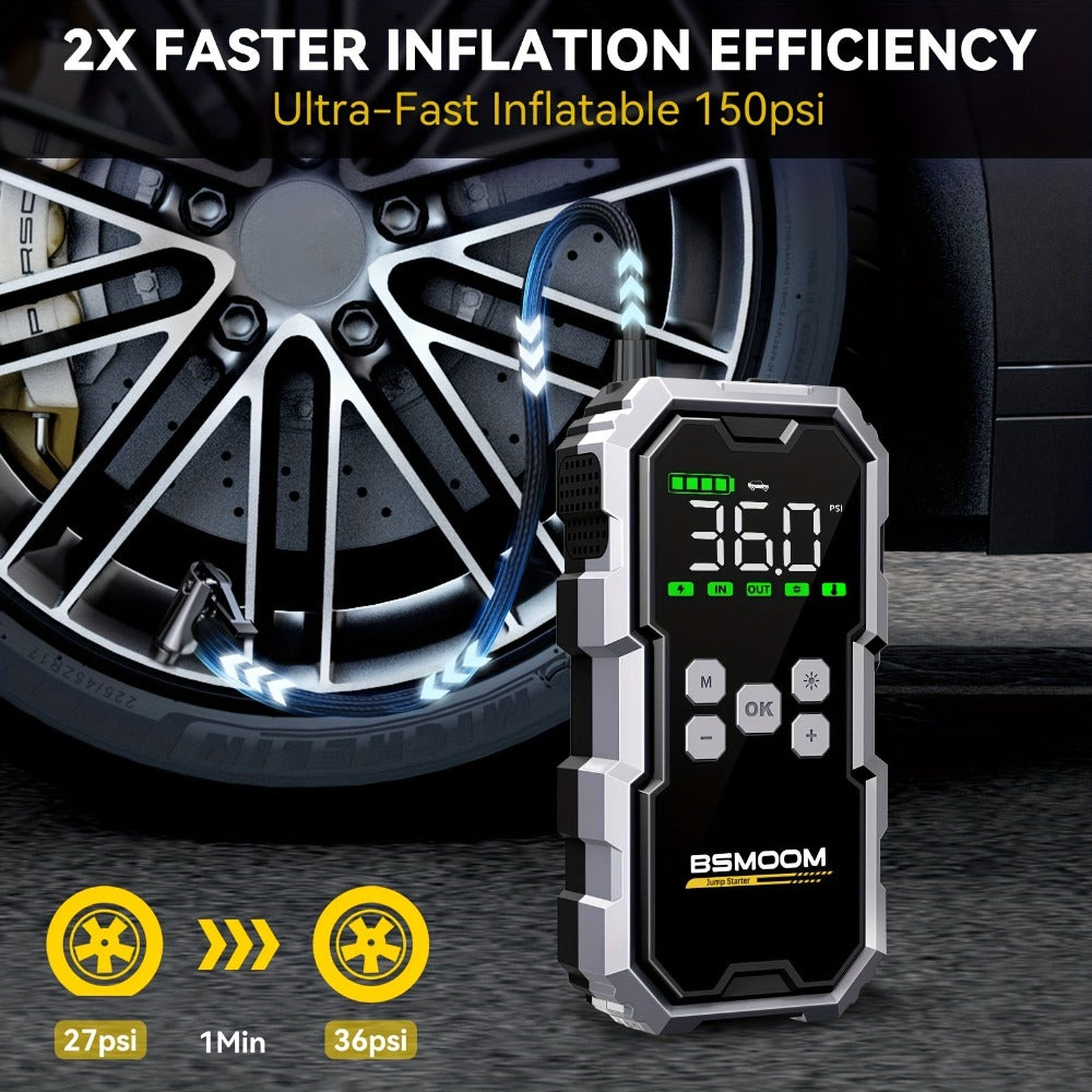 Arranque de coche con compresor de aire e inflador de neumáticos inalámbrico, arrancador de batería de 12000A con banco de energía y linternas LED, caja de arranque automático de 12V para todos los vehículos de gasolina o diésel de 10.0L con estuche de tr