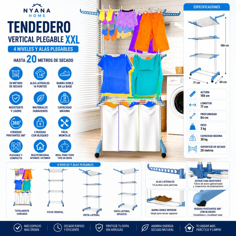 Tendedero Ropa Plegable Vertical XXL Nyana Home Ruedas Pivotantes 360º Multifuncional 4 Niveles y Alas Plegables Hasta 20 Metros de Secado Secadora de Ropa Tendedero de Ropa Tendal Exteriores Interiores Alas Laterales Plegables