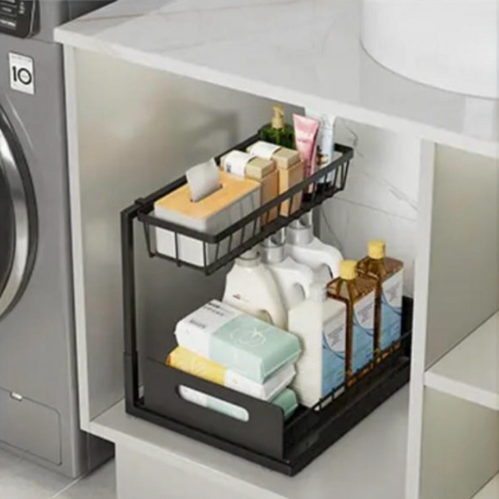 Organizador Cocina Almacenamiento de metal debajo del fregadero, organizador de cocina de 2 niveles con cajón de almacenamiento deslizante, organizador debajo del fregadero con ventosas mejoradas