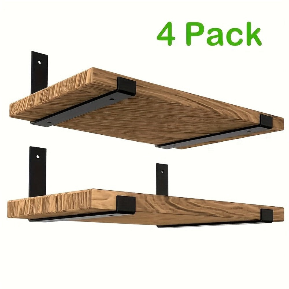 Un juego de cuatro estantes de pared rústicos de madera marrones, ideales para almacenamiento flotante en la cocina, el dormitorio y la sala de estar, estantes flotantes